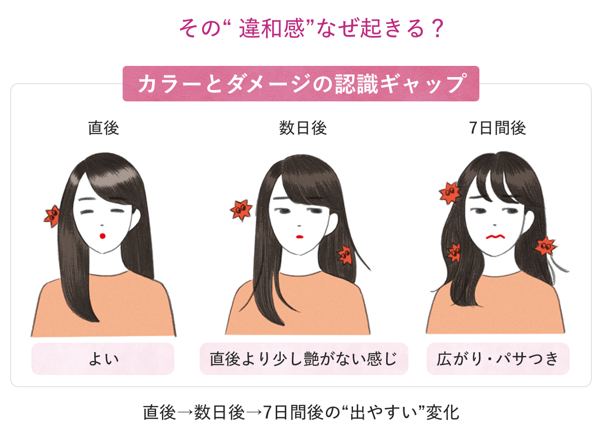 その“違和感”なぜ起きる？カラーとダメージの認識ギャップ 直後→数日後→7日間後の“出やすい”変化